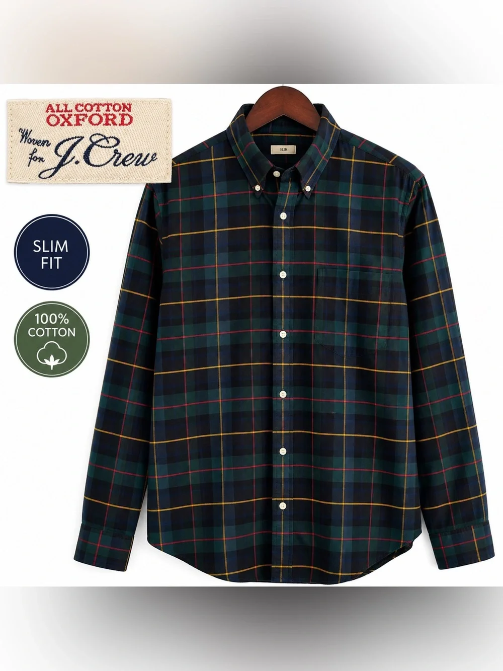 Crew Black Watch Tartan Plaid Oxford Shirt Slim Fit XL All Cotton Button Down